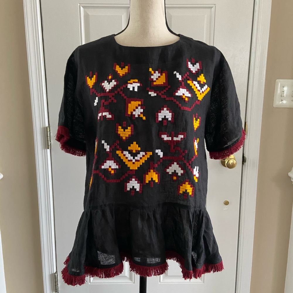 March 11 black embroidered linen shirt sz S